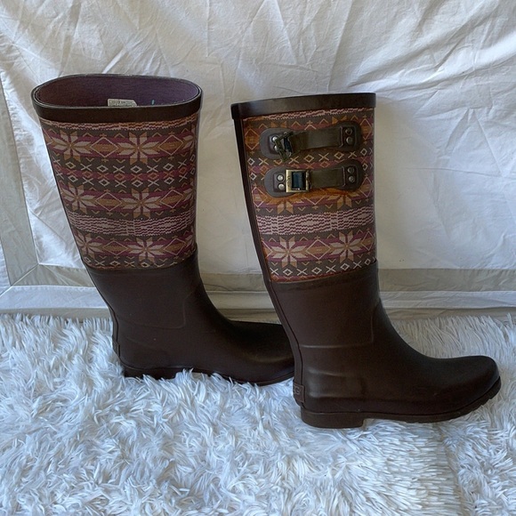 Ugg Sabene Tall Brown Fair Isle Rain Rubber Boots Size 7 - Picture 4 of 8
